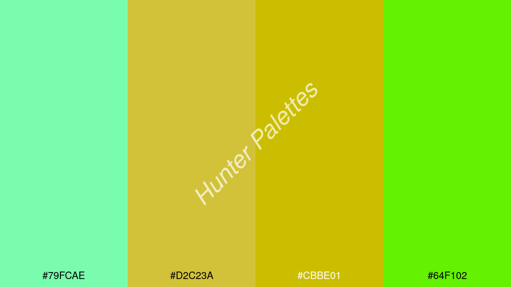narancssárga szín palettája a következőkkel: #79fcae #d2c23a #cbbe01 #64f102