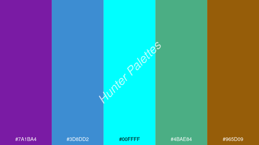 cián szín palettája a következőkkel: #7a1ba4 #3d8dd2 #00ffff #4bae84 #965d09