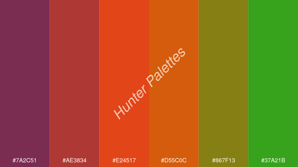 fluoreszkáló narancs szín palettája a következőkkel: #7a2c51 #ae3834 #e24517 #d55c0c #867f13 #37a21b