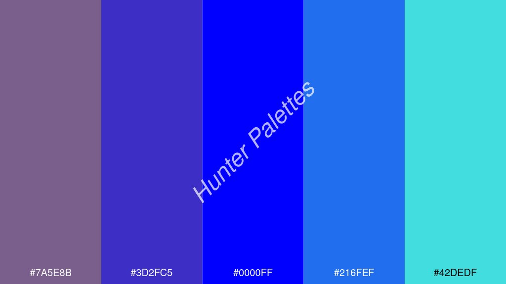 kék szín palettája a következőkkel: #7a5e8b #3d2fc5 #0000ff #216fef #42dedf