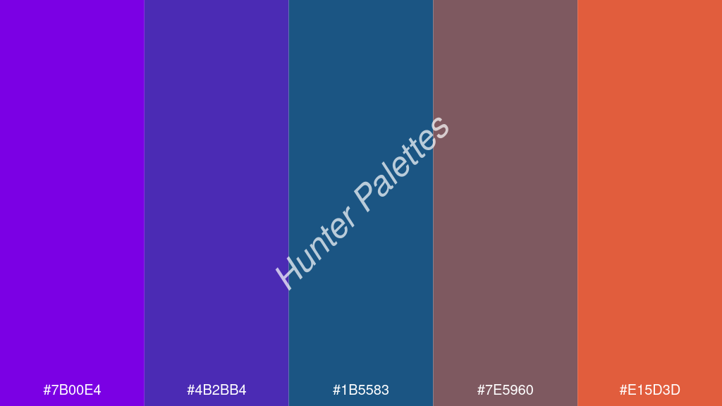 Capri kék szín palettája a következőkkel: #7b00e4 #4b2bb4 #1b5583 #7e5960 #e15d3d