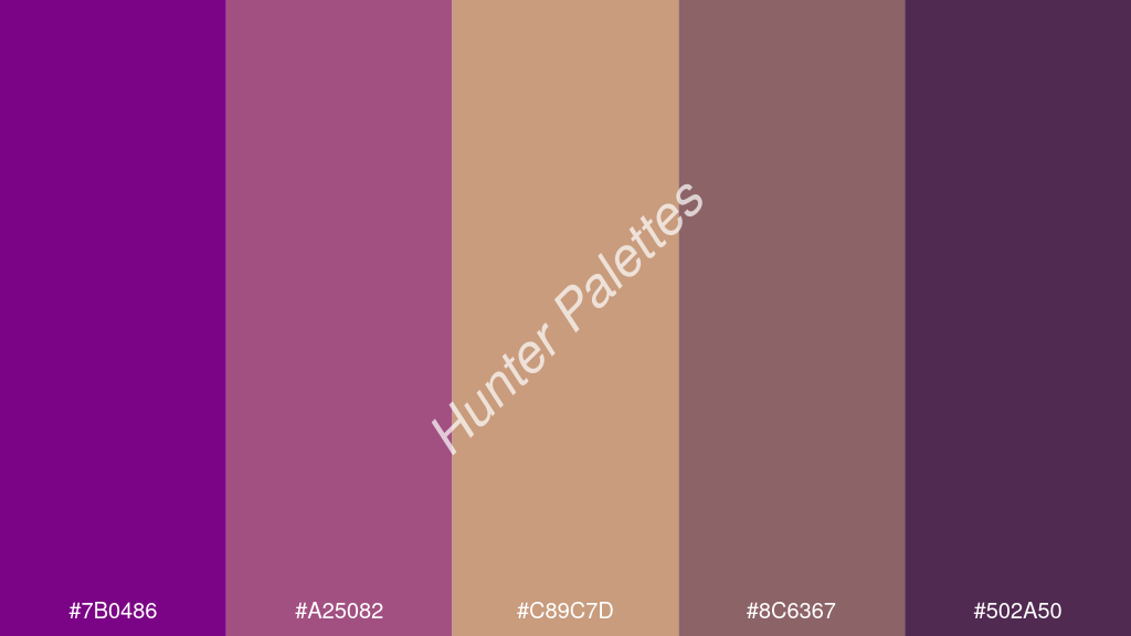 terracotta szín palettája a következőkkel: #7b0486 #a25082 #c89c7d #8c6367 #502a50