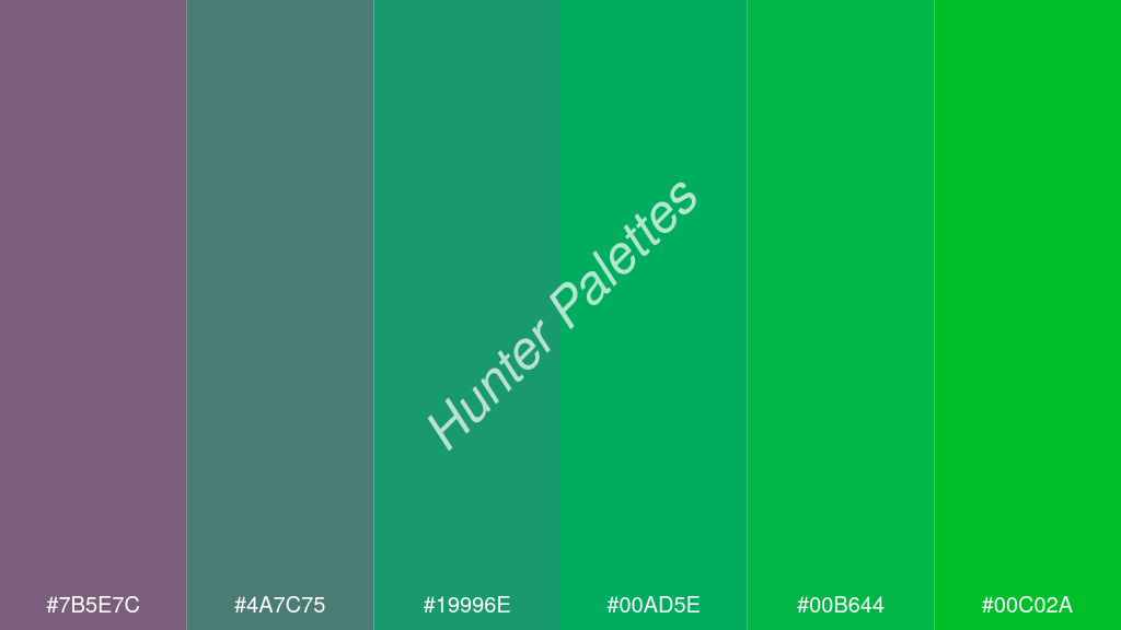 jáde szín palettája a következőkkel: #7b5e7c #4a7c75 #19996e #00ad5e #00b644 #00c02a