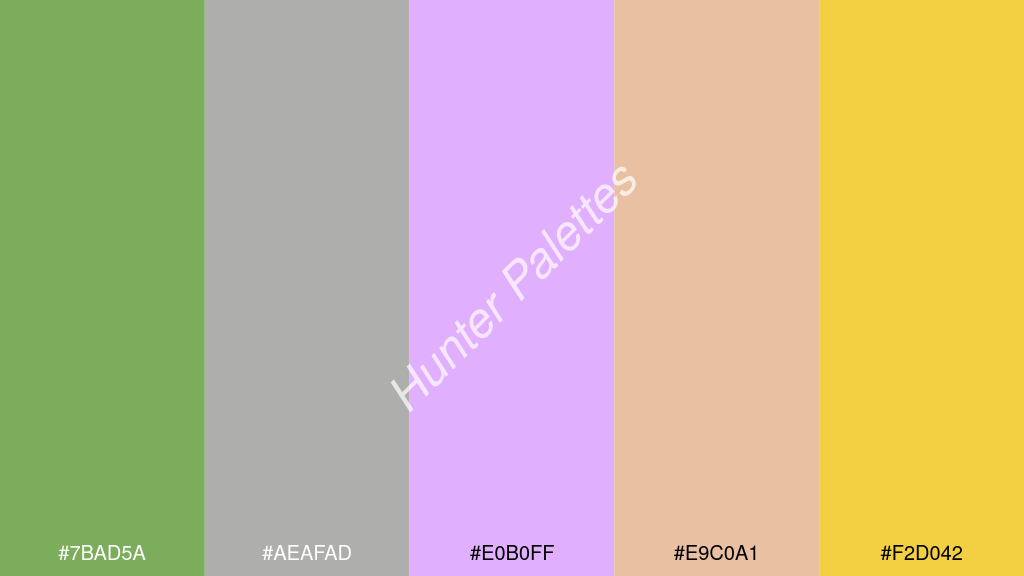 mályva szín palettája a következőkkel: #7bad5a #aeafad #e0b0ff #e9c0a1 #f2d042
