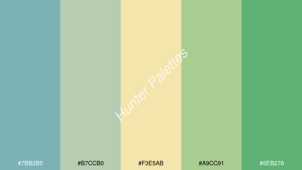 vanília szín palettája a következőkkel: #7bb2b5 #b7ccb0 #f3e5ab #a9cc91 #5eb276