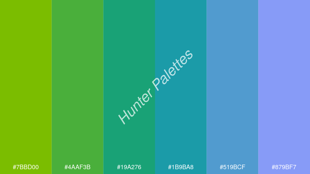 kékzöld szín palettája a következőkkel: #7bbd00 #4aaf3b #19a276 #1b9ba8 #519bcf #879bf7