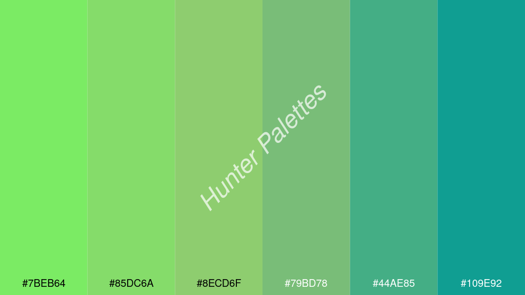 pisztáciazöld szín palettája a következőkkel: #7beb64 #85dc6a #8ecd6f #79bd78 #44ae85 #109e92
