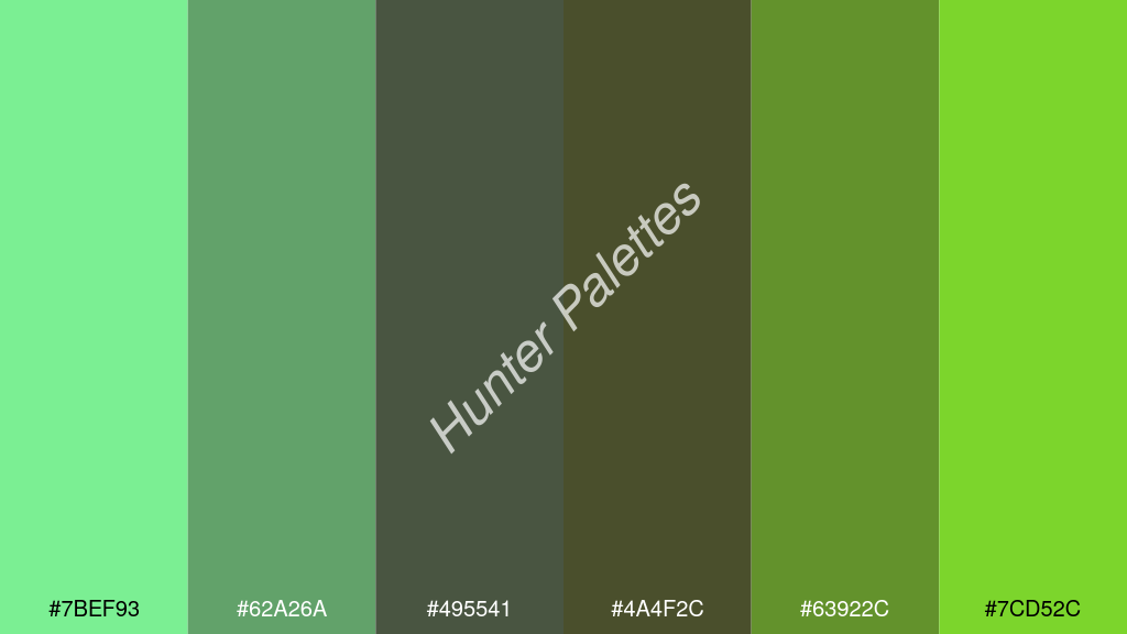wenge szín palettája a következőkkel: #7bef93 #62a26a #495541 #4a4f2c #63922c #7cd52c