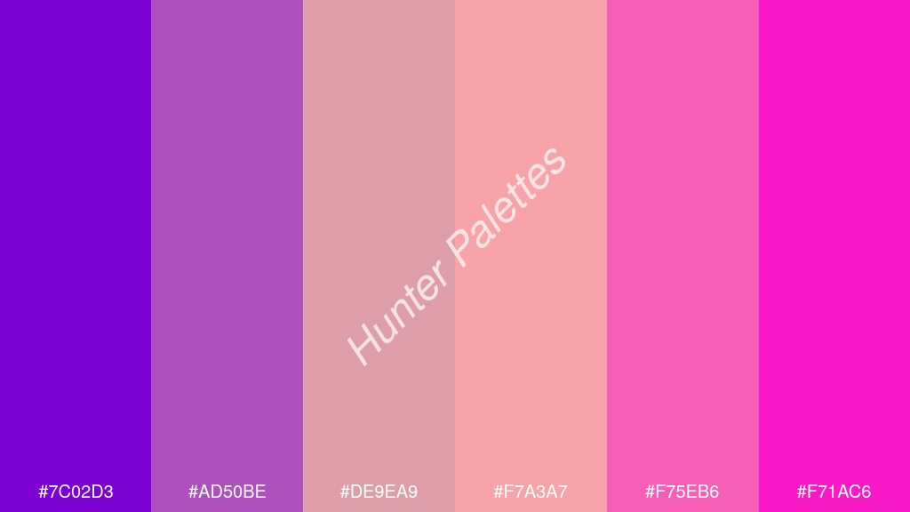 őszibarack szín palettája a következőkkel: #7c02d3 #ad50be #de9ea9 #f7a3a7 #f75eb6 #f71ac6