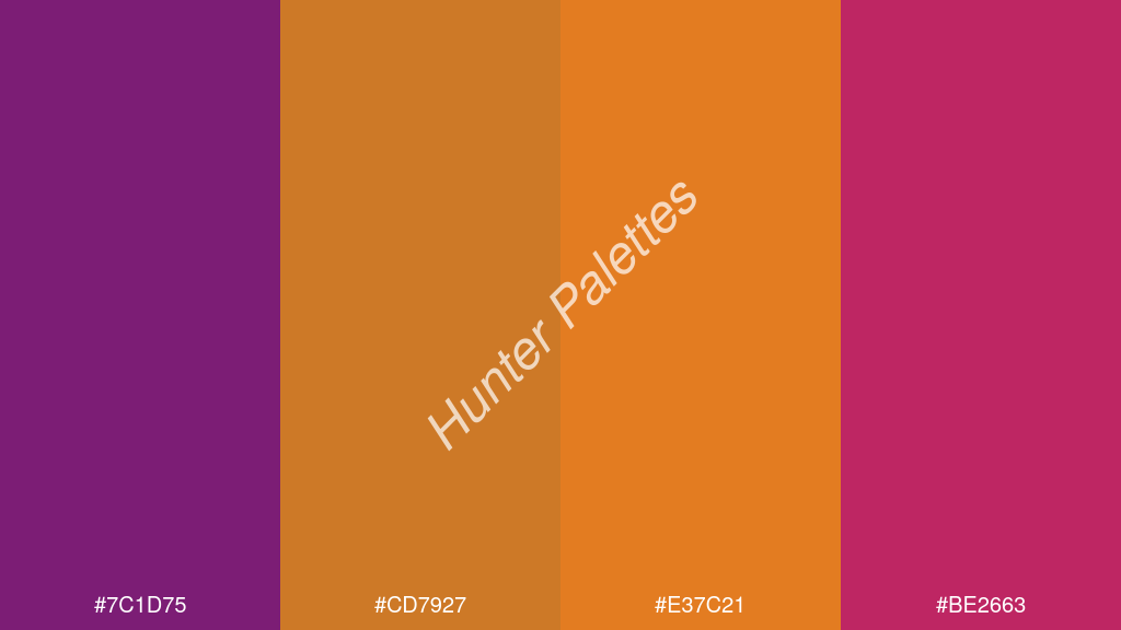 mustársárga szín palettája a következőkkel: #7c1d75 #cd7927 #e37c21 #be2663