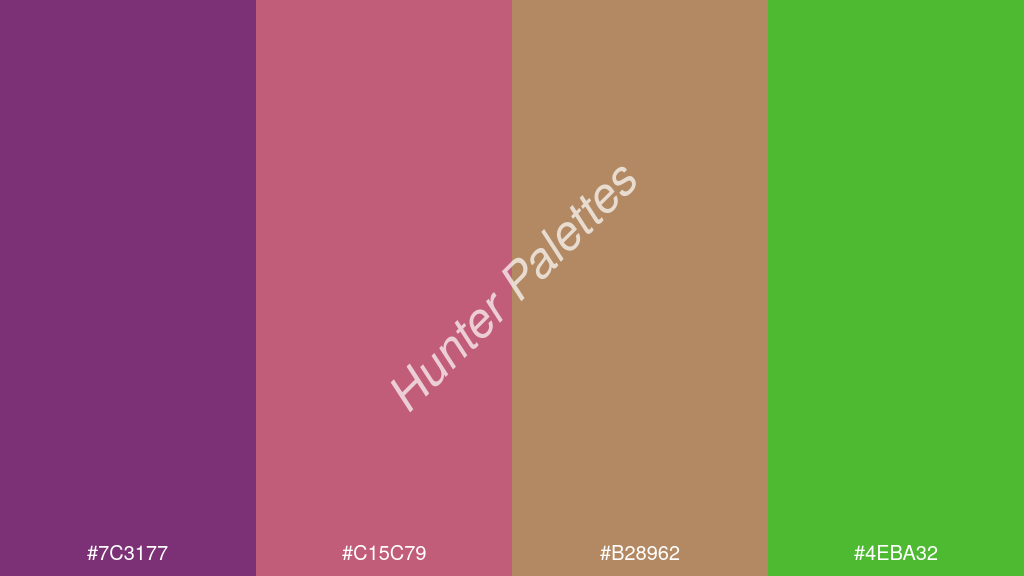 korall szín palettája a következőkkel: #7c3177 #c15c79 #b28962 #4eba32