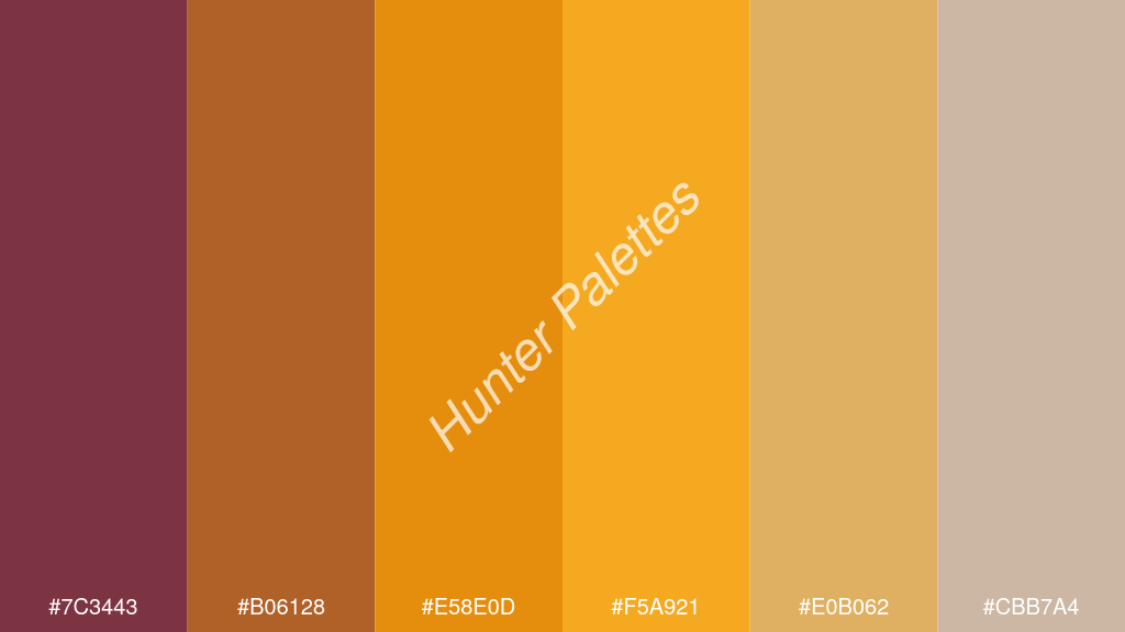 narancssárga szín palettája a következőkkel: #7c3443 #b06128 #e58e0d #f5a921 #e0b062 #cbb7a4