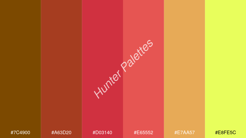 amarant szín palettája a következőkkel: #7c4900 #a63d20 #d03140 #e65552 #e7aa57 #e8fe5c