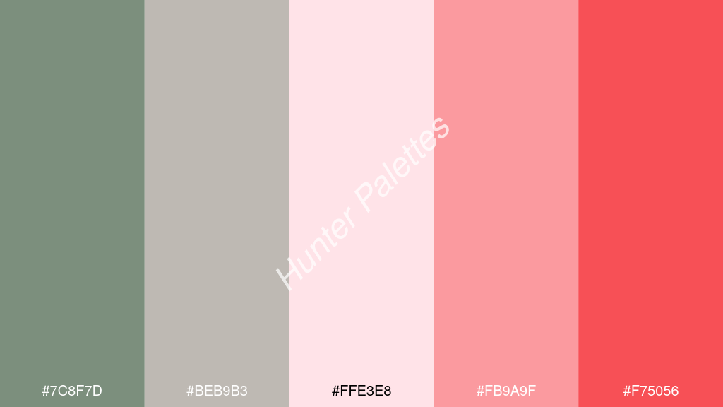 halvány rózsaszín szín palettája a következőkkel: #7c8f7d #beb9b3 #ffe3e8 #fb9a9f #f75056
