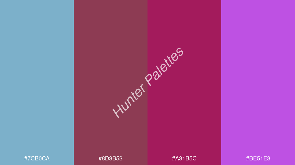 karmazsin szín palettája a következőkkel: #7cb0ca #8d3b53 #a31b5c #be51e3
