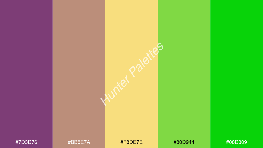 jázmin szín palettája a következőkkel: #7d3d76 #bb8e7a #f8de7e #80d944 #08d309