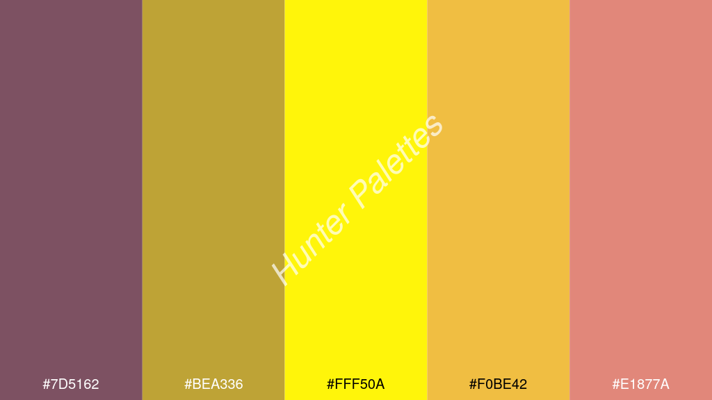 neon sárga szín palettája a következőkkel: #7d5162 #bea336 #fff50a #f0be42 #e1877a