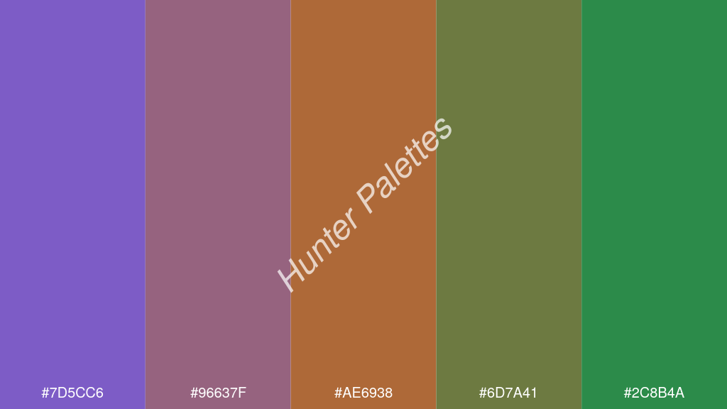 karamell szín palettája a következőkkel: #7d5cc6 #96637f #ae6938 #6d7a41 #2c8b4a
