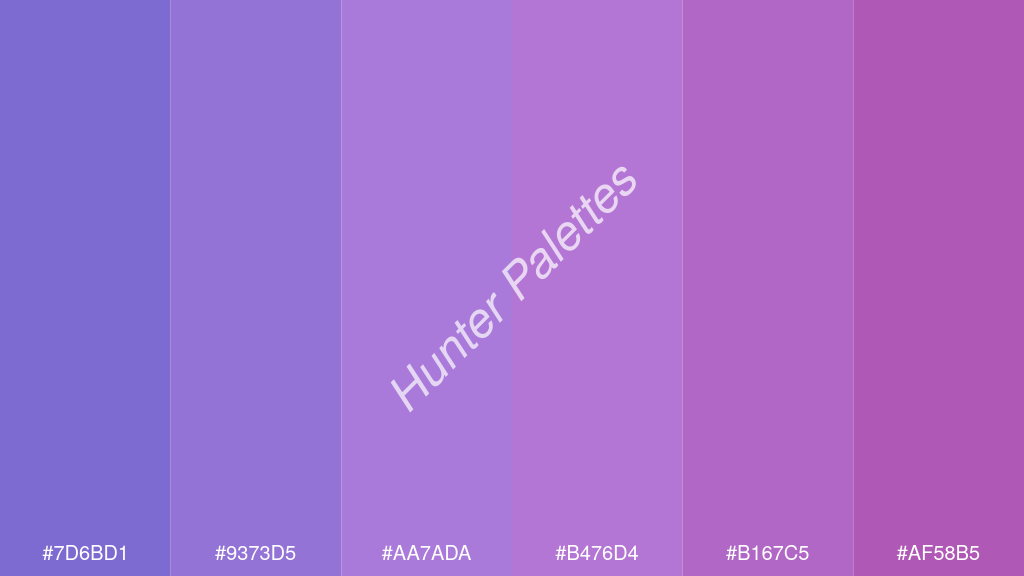 levendula szín palettája a következőkkel: #7d6bd1 #9373d5 #aa7ada #b476d4 #b167c5 #af58b5