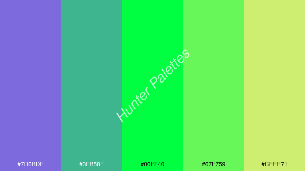 fluoreszkáló zöld szín palettája a következőkkel: #7d6bde #3fb58f #00ff40 #67f759 #ceee71