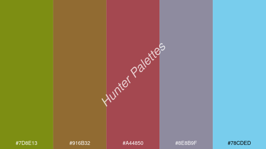 mahagóni szín palettája a következőkkel: #7d8e13 #916b32 #a44850 #8e8b9f #78cded