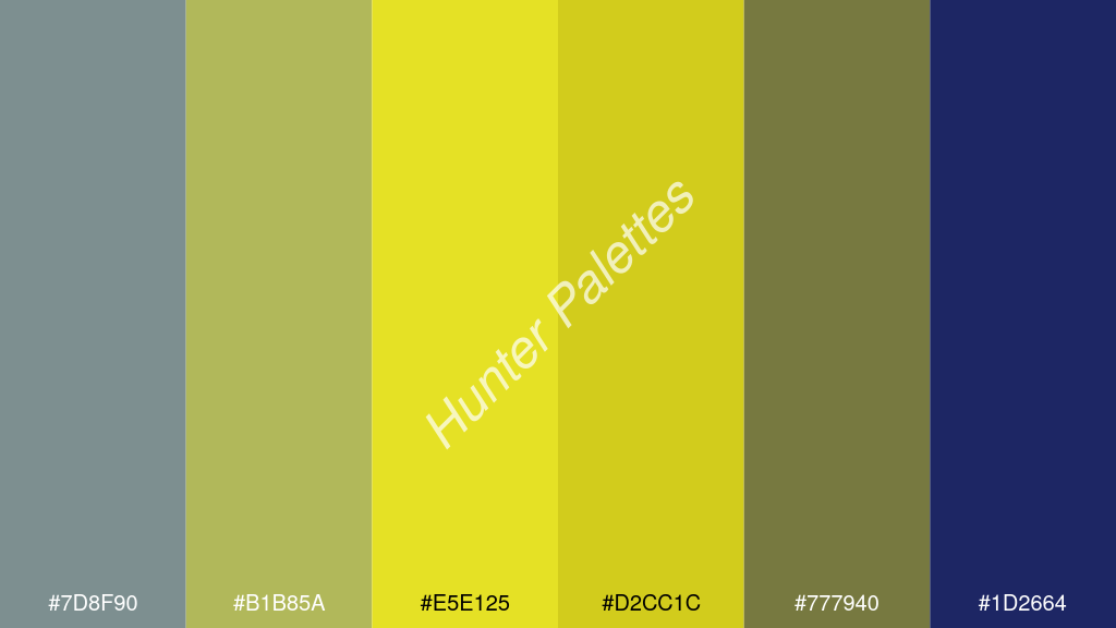 neon sárga szín palettája a következőkkel: #7d8f90 #b1b85a #e5e125 #d2cc1c #777940 #1d2664