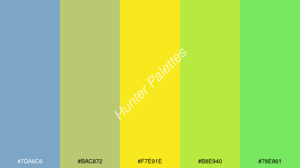 kanárisárga szín palettája a következőkkel: #7da6c6 #bac872 #f7e91e #b8e940 #78e861
