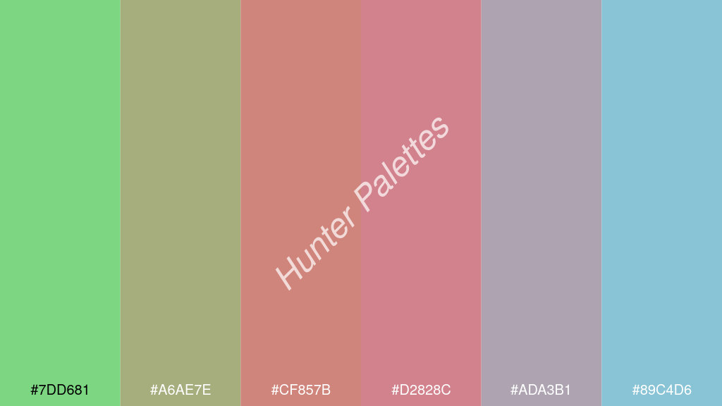 korall szín palettája a következőkkel: #7dd681 #a6ae7e #cf857b #d2828c #ada3b1 #89c4d6
