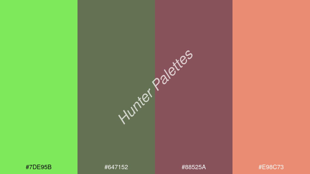 szilva szín palettája a következőkkel: #7de95b #647152 #88525a #e98c73