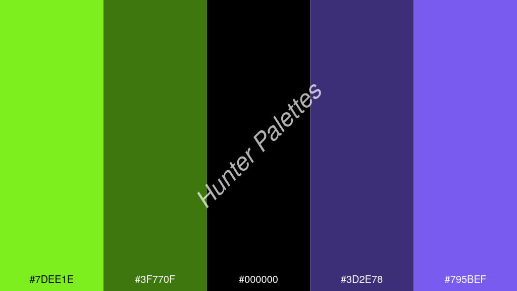 fekete szín palettája a következőkkel: #7dee1e #3f770f #000000 #3d2e78 #795bef