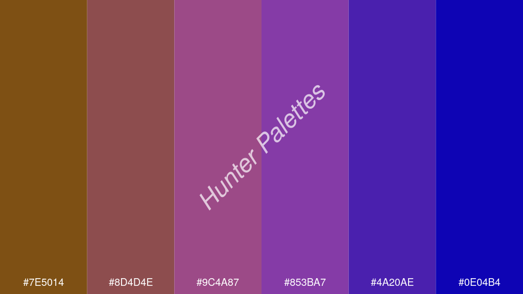 lila szín palettája a következőkkel: #7e5014 #8d4d4e #9c4a87 #853ba7 #4a20ae #0e04b4