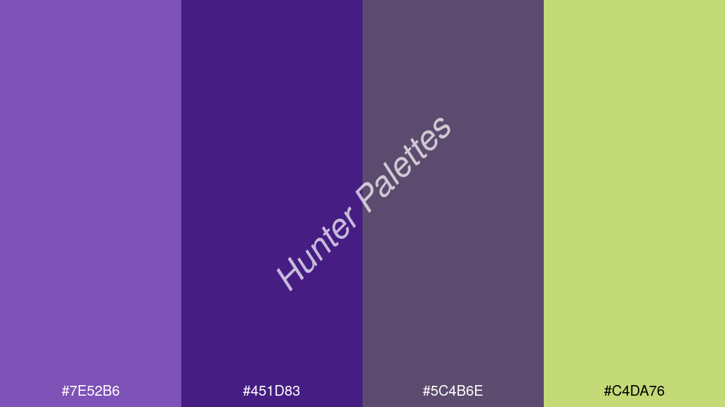 Francia kék szín palettája a következőkkel: #7e52b6 #451d83 #5c4b6e #c4da76