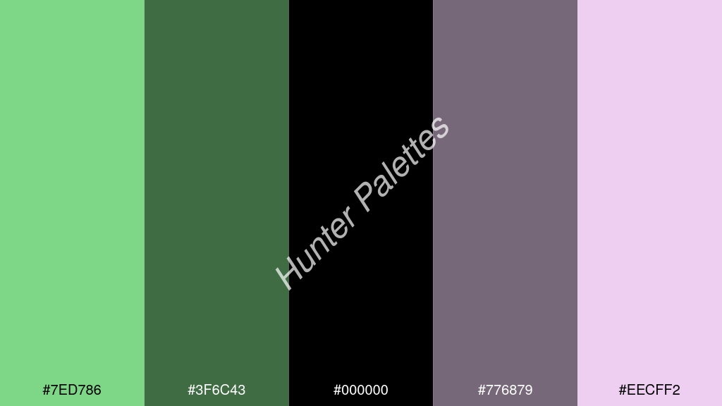 fekete szín palettája a következőkkel: #7ed786 #3f6c43 #000000 #776879 #eecff2