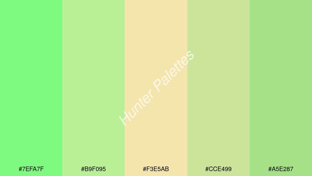 vanília szín palettája a következőkkel: #7efa7f #b9f095 #f3e5ab #cce499 #a5e287
