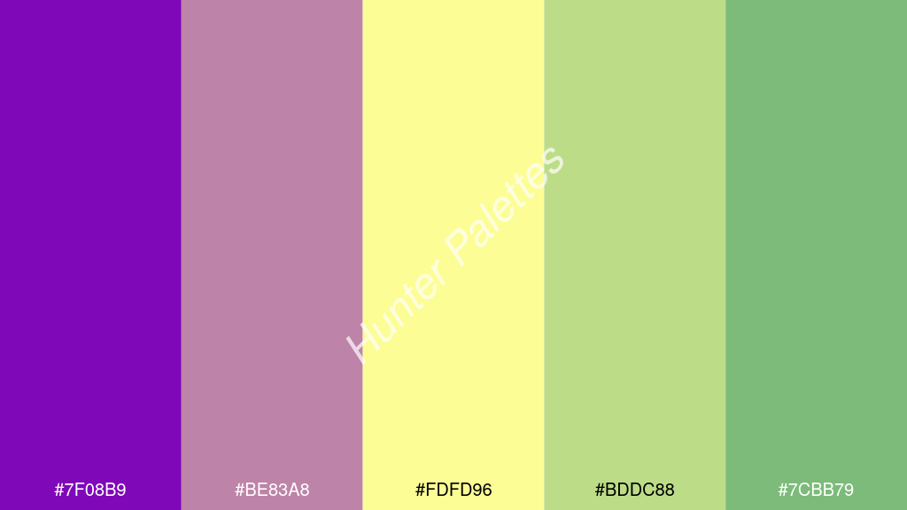 pasztell sárga szín palettája a következőkkel: #7f08b9 #be83a8 #fdfd96 #bddc88 #7cbb79