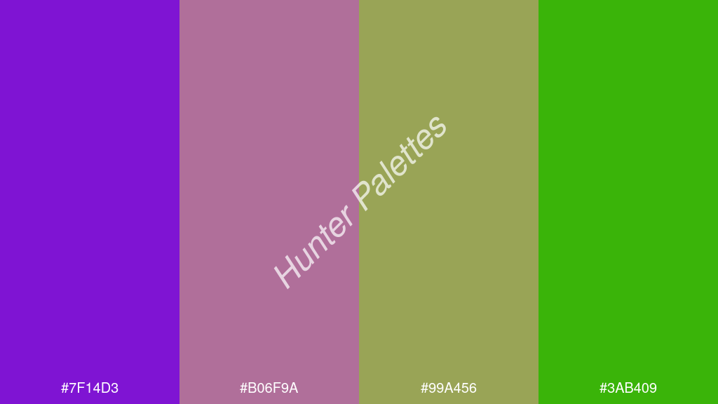 terracotta szín palettája a következőkkel: #7f14d3 #b06f9a #99a456 #3ab409