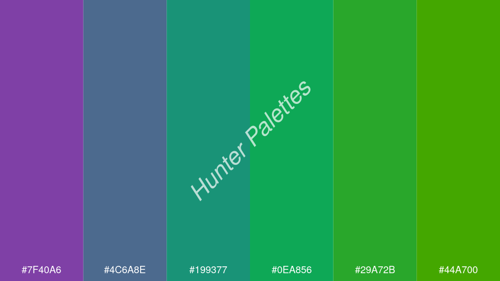jáde szín palettája a következőkkel: #7f40a6 #4c6a8e #199377 #0ea856 #29a72b #44a700
