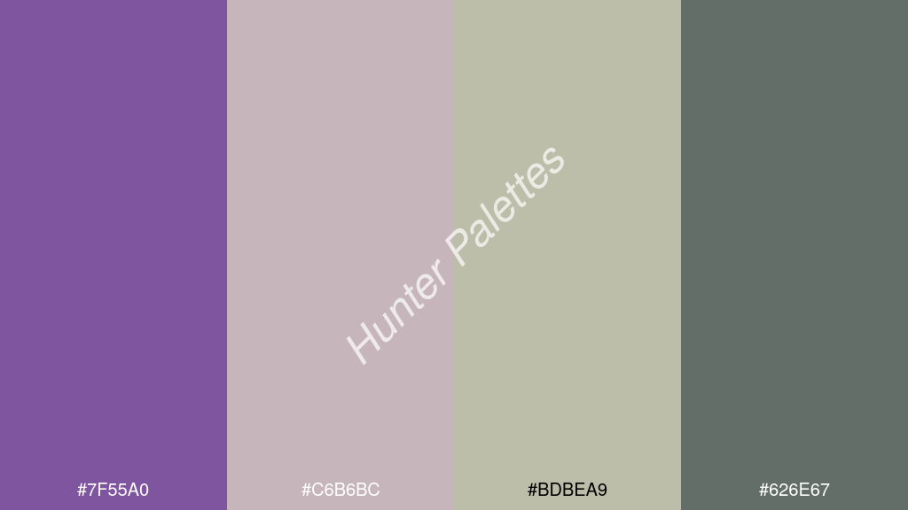 gyöngyház fehér szín palettája a következőkkel: #7f55a0 #c6b6bc #bdbea9 #626e67
