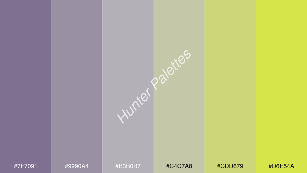 ezüstszürke szín palettája a következőkkel: #7f7091 #9990a4 #b3b0b7 #c4c7a8 #cdd679 #d6e54a