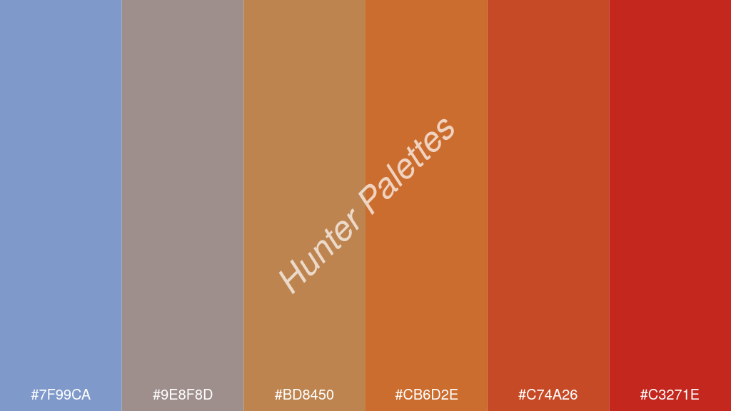 bronz szín palettája a következőkkel: #7f99ca #9e8f8d #bd8450 #cb6d2e #c74a26 #c3271e