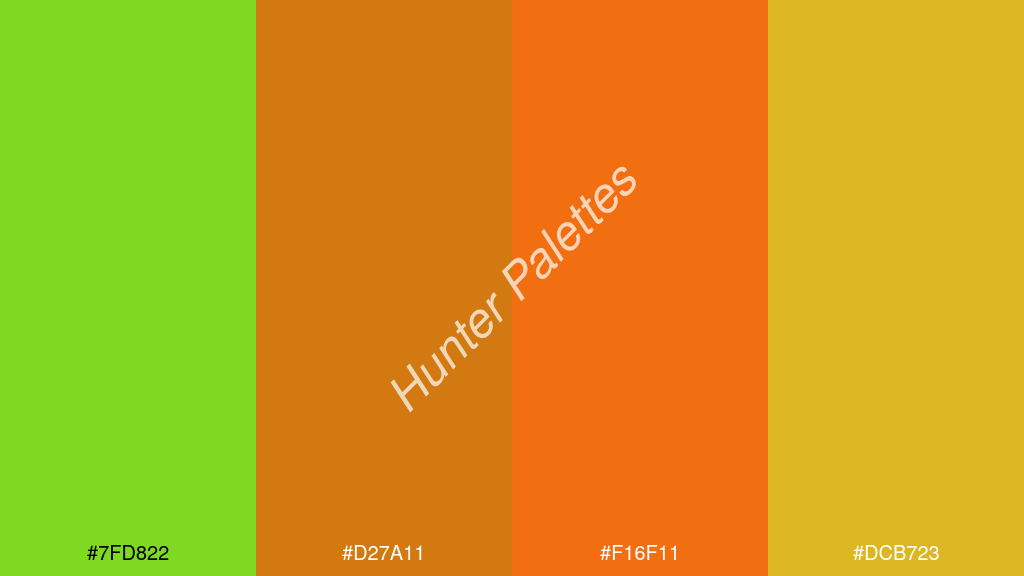 fluoreszkáló narancs szín palettája a következőkkel: #7fd822 #d27a11 #f16f11 #dcb723