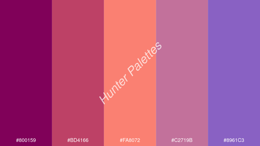 lazac szín palettája a következőkkel: #800159 #bd4166 #fa8072 #c2719b #8961c3