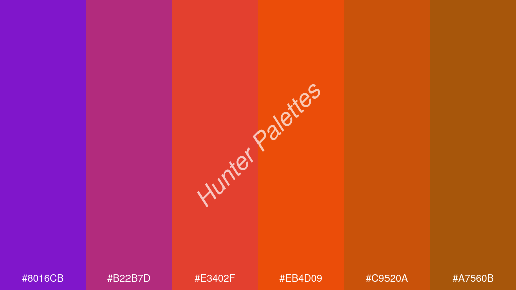 fluoreszkáló narancs szín palettája a következőkkel: #8016cb #b22b7d #e3402f #eb4d09 #c9520a #a7560b