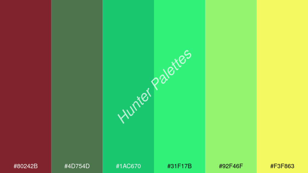 foszforeszkáló zöld szín palettája a következőkkel: #80242b #4d754d #1ac670 #31f17b #92f46f #f3f863