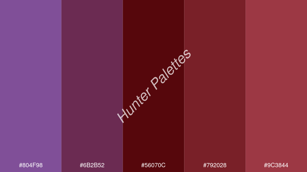 bor szín palettája a következőkkel: #804f98 #6b2b52 #56070c #792028 #9c3844