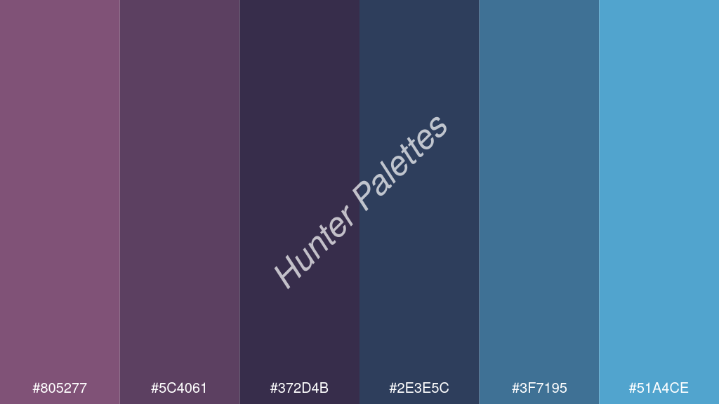 tengerészkék szín palettája a következőkkel: #805277 #5c4061 #372d4b #2e3e5c #3f7195 #51a4ce