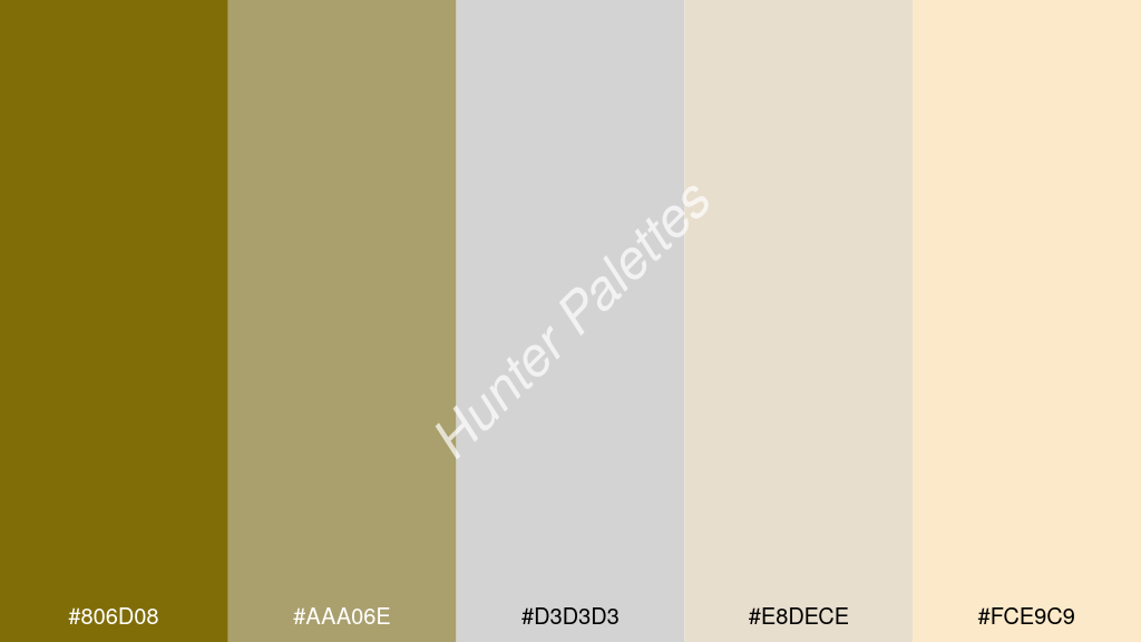 világos szürke szín palettája a következőkkel: #806d08 #aaa06e #d3d3d3 #e8dece #fce9c9