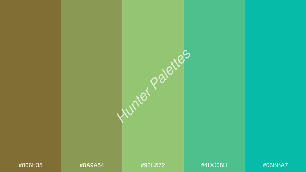 pisztáciazöld szín palettája a következőkkel: #806e35 #8a9a54 #93c572 #4dc08d #06bba7