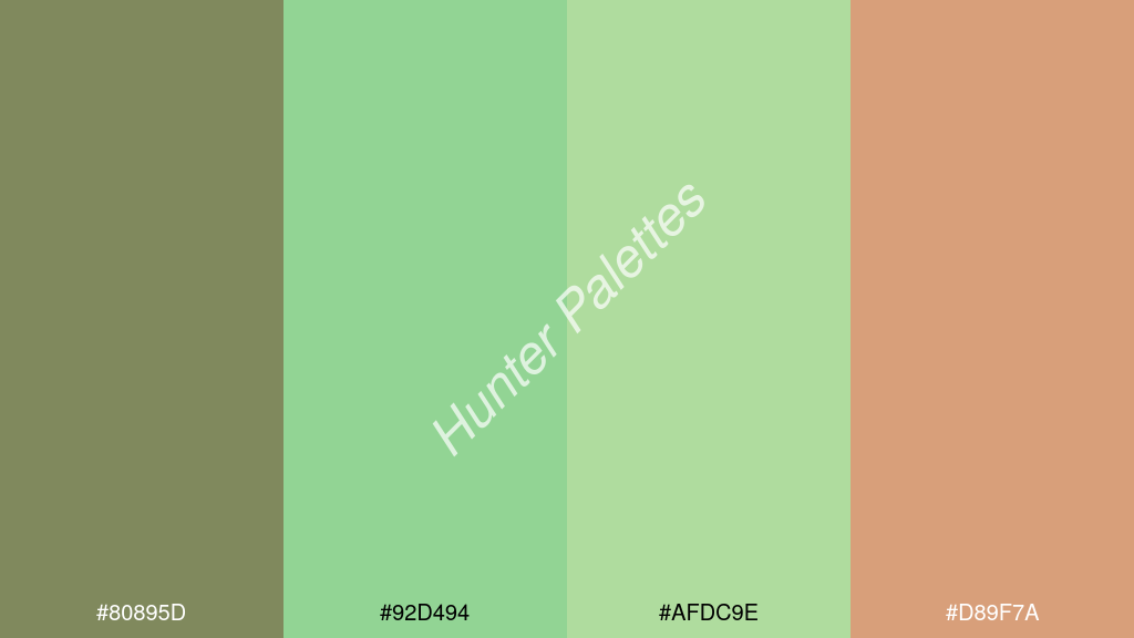 menta szín palettája a következőkkel: #80895d #92d494 #afdc9e #d89f7a