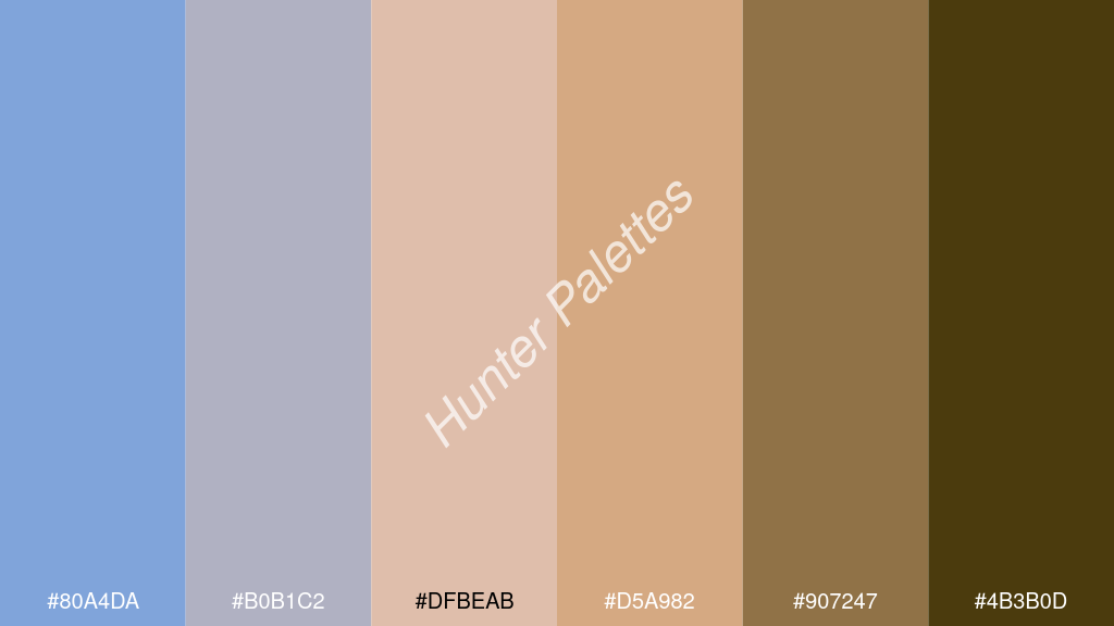 őszibarack szín palettája a következőkkel: #80a4da #b0b1c2 #dfbeab #d5a982 #907247 #4b3b0d
